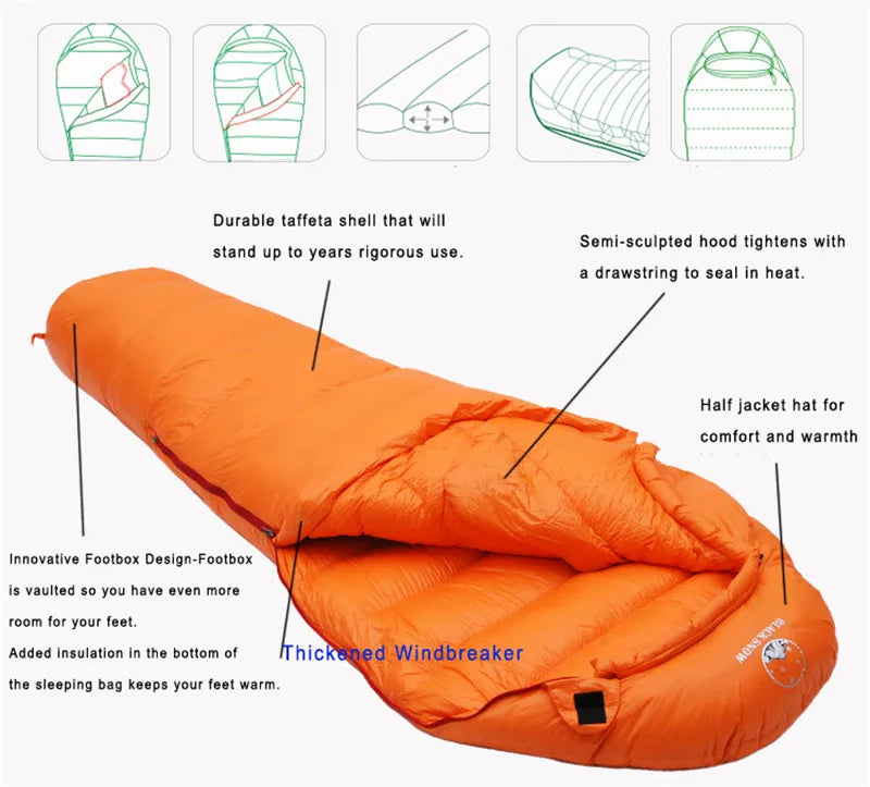 BLACKSNOW Very Warm White Goose Down Mummy Sleeping Bag – Winter-Ready Thermal Comfort